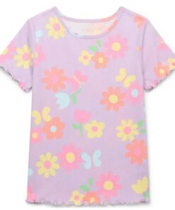 365 Kids By Garanimals Girls Everyday Lettuce Edge Tee With Short Sleeves - Purple Flowers