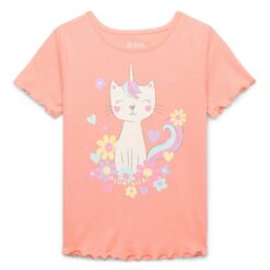 365 Kids By Garanimals Girls Everyday Lettuce Edge Tee With Short Sleeves - Orange Unicorn