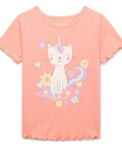 365 Kids By Garanimals Girls Everyday Lettuce Edge Tee With Short Sleeves - Orange Unicorn