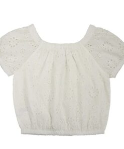 Wonder Nation Girls Short Sleeve Eyelet Puff Sleeve Top - White