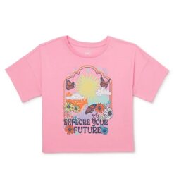 Wonder Nation Girls Cropped, Short Sleeve, Graphic T-Shirt - Pink