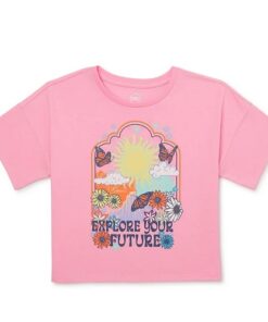 Wonder Nation Girls Cropped, Short Sleeve, Graphic T-Shirt - Pink