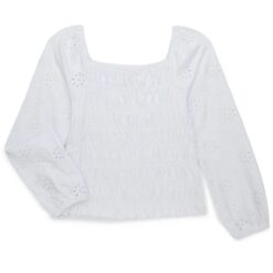 Wonder Nation Girls Smocked Eyelet Top with Long-Sleeves - White