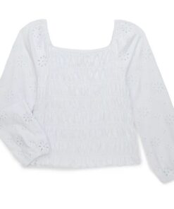 Wonder Nation Girls Smocked Eyelet Top with Long-Sleeves - White