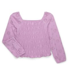 Wonder Nation Girls Smocked Eyelet Top with Long-Sleeves - Purple