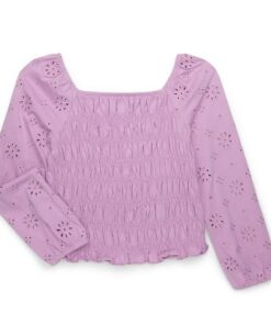 Wonder Nation Girls Smocked Eyelet Top with Long-Sleeves - Purple