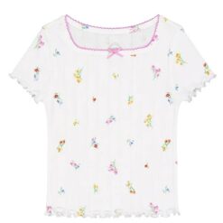 Wonder Nation Girls Picot Edge short Sleeve Pointelle Trim Tshirt - White