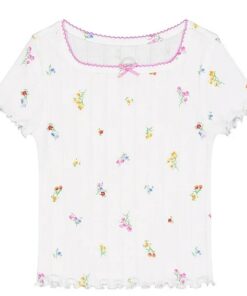 Wonder Nation Girls Picot Edge short Sleeve Pointelle Trim Tshirt - White