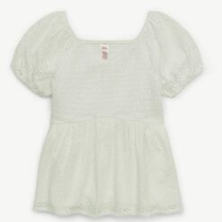 Justice Girls Smocked Eyelet Babydoll Top - White