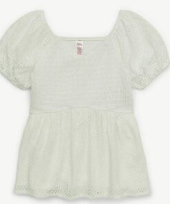 Justice Girls Smocked Eyelet Babydoll Top - White