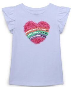 365 Kids Girls Sequin Graphic Tee with Tulip Sleeves - White