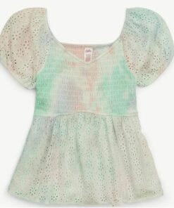 Justice Girls Smocked Eyelet Babydoll Top - Tie Dye