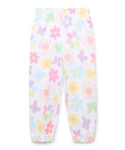 365 Kids Girls Fleece Jogger Pants - White Flowers