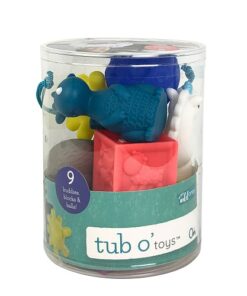 Infantino Tub O' Toys Textured Balls, Blocks and Animal Pals, 0-12 Months, 9-Piece Set, Multicolor