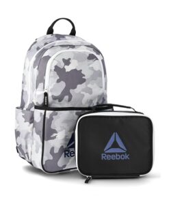Reebok Boys' Riley 17" Laptop Backpack with Lunch Box Set, 2-Piece, Light Grey Camo