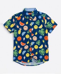 IST Boys Short-Sleeve Button-Down Print Shirt, Fruit Punch - Navy Blue