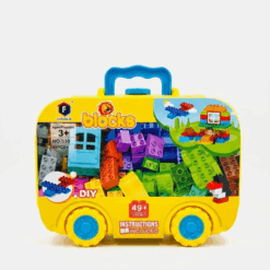 BlockyWheels 49-Piece Building Block Set – DIY Creative Construction Toy Suitcase with Wheels for Toddlers Ages 3+, - Yellow Blue