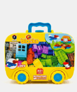 BlockyWheels 49-Piece Building Block Set – DIY Creative Construction Toy Suitcase with Wheels for Toddlers Ages 3+, - Yellow Blue