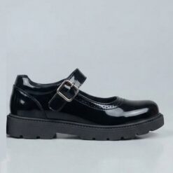Hiway Girls Classic Buckle School Shoe - Black Wetlooks