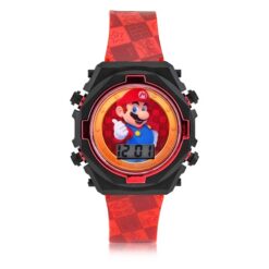 Mario Kids Contrast Colored Case Flashing Lights LCD Watch with Printed Strap